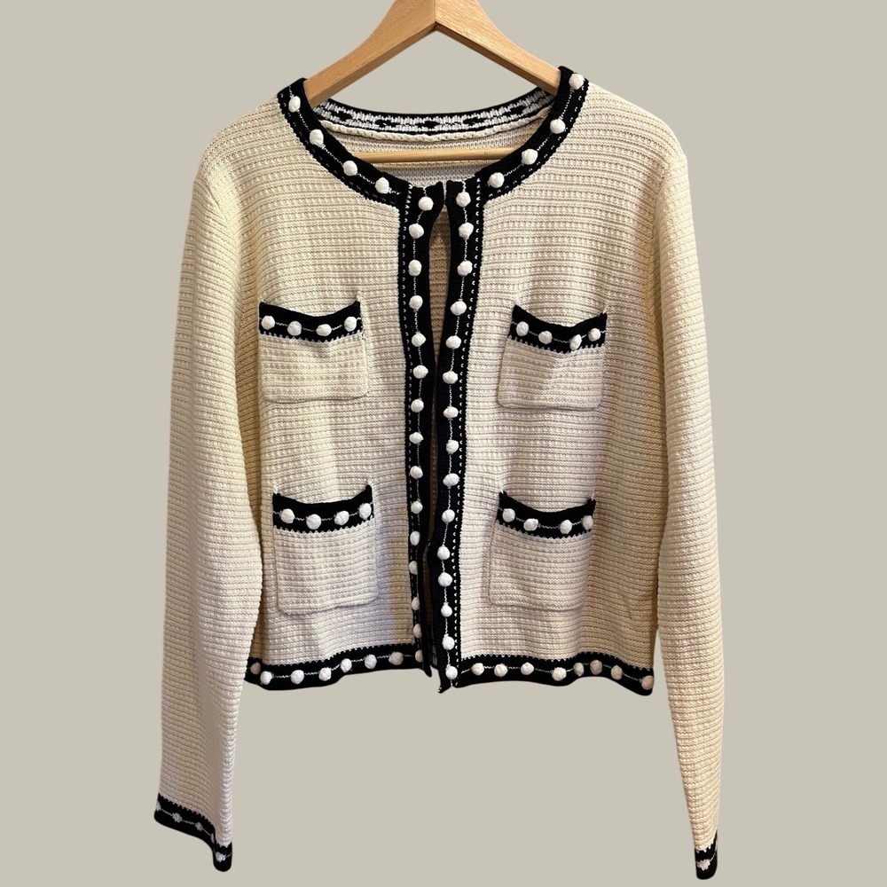 Unbranded Textured Jacket Cardigan Womens Medium Cream Black Pom Pom Trim Knit